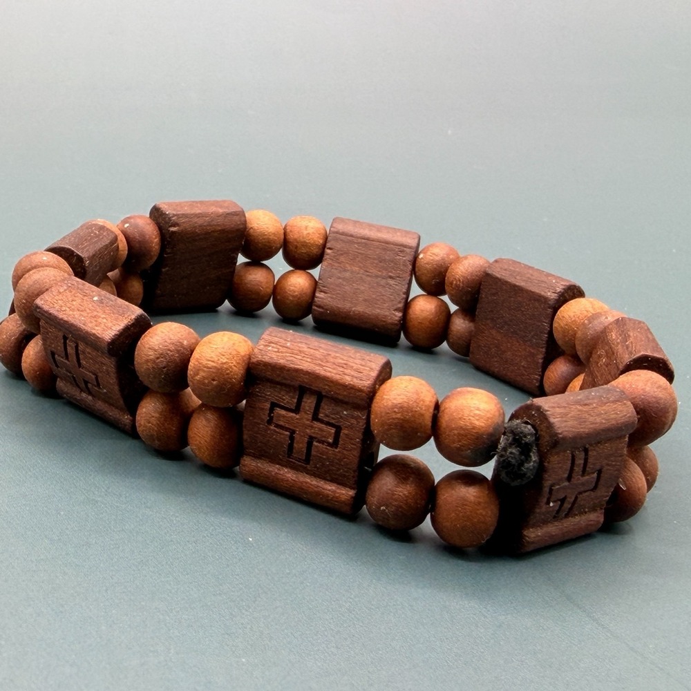 Set of 2 Brown Wooden Bead Braided Cord Cross Bracelets Boho Christian Gift Men - Picture 16 of 17